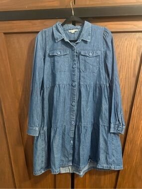 American Eagle Womens M Chambray Denim Tiered Shirtdress 100% Cotton Long Sleeve
